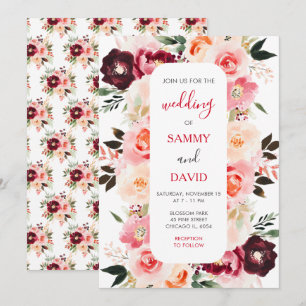 Invitation Mariage Floral Rouge Bourgogne et Rose Tendue