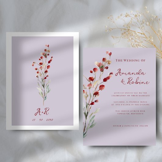 Invitation Mariage floral rouge Bourgogne minimal