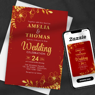 Invitation Mariage Floral Rouge Cramoisi et Or