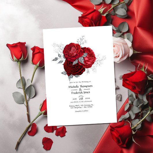 Invitation Mariage floral rouge et argent