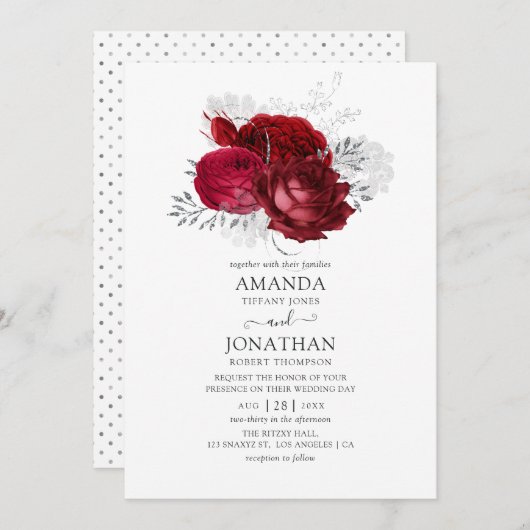 Invitation Mariage floral rouge et argent (Devant / Derrière)