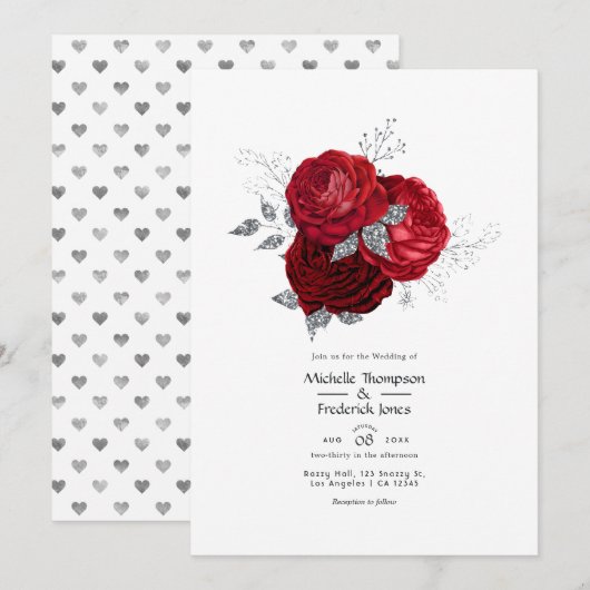 Invitation Mariage Floral Rouge et Argent (Devant / Derrière)