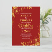 Invitation Mariage floral rouge et or Crimson (Debout devant)