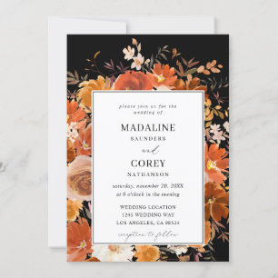 Invitation Mariage floral rouge et orange B - Noir