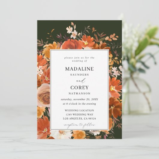 Invitation Mariage floral rouge et orange B - Vert (Debout devant)