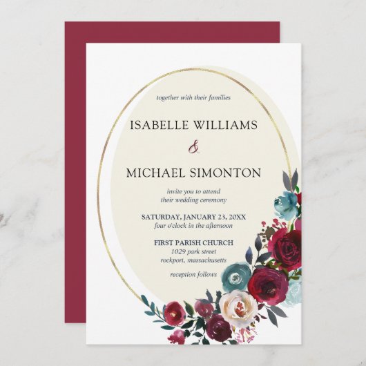 Invitation Mariage floral rouge et rose chic (Devant / Derrière)