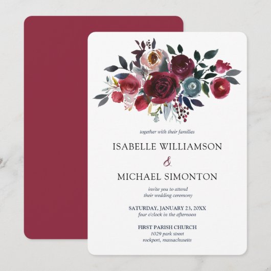 Invitation Mariage floral rouge et rose de Bourgogne (Devant / Derrière)