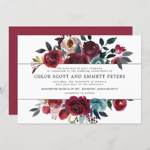 Invitation Mariage floral rouge et rose de Bourgogne