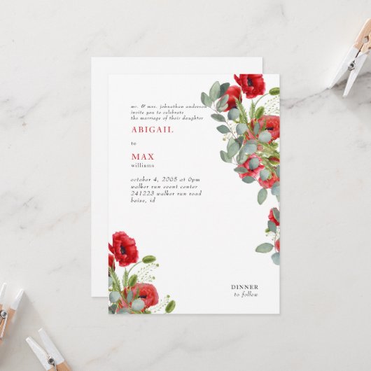Invitation Mariage floral rouge Eucalyptus (Devant/Arrière en situation)