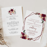 Invitation Mariage floral rouge géométrique avant et arrière<br><div class="desc">Cette faire-part de mariage géométrique à floral rouge à l'avant et à l'arrière est parfaite pour un mariage élégant. Le design présente des fleurs rousses bordeaux et roses avec des feuilles verts, inspirant beauté artistique. Enregistrez du papier en incluant plus de détails au verso de l'invitation plutôt que sur une...</div>