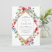 Invitation Mariage floral rouge menthe rose géométrique (Debout devant)