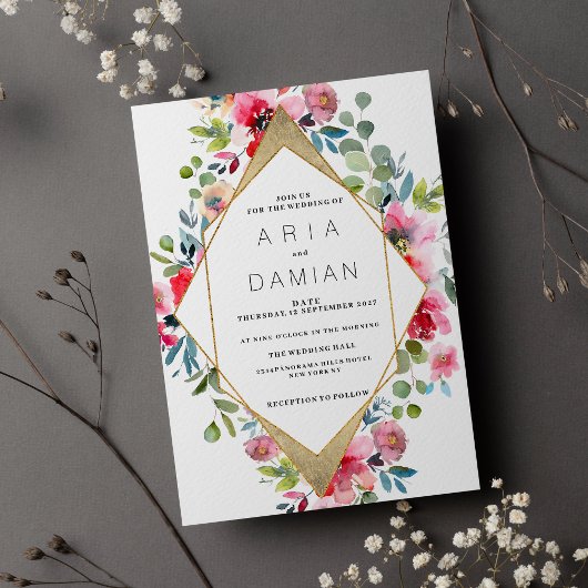 Invitation Mariage floral rouge menthe rose géométrique