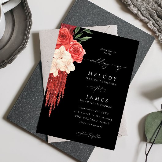 Invitation Mariage Floral rouge - Noir V2