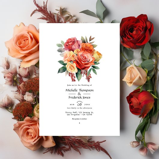 Invitation Mariage floral rouge, orange et de sable