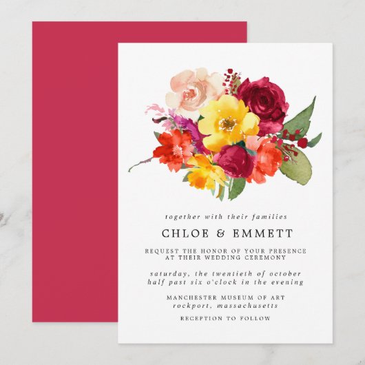 Invitation Mariage floral rouge-orange jaune-rose bordeaux (Devant / Derrière)