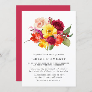 Invitation Mariage floral rouge-orange jaune-rose bordeaux
