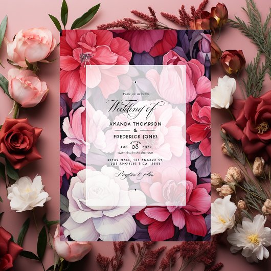 Invitation Mariage floral rouge profond, rose pâle et argenté
