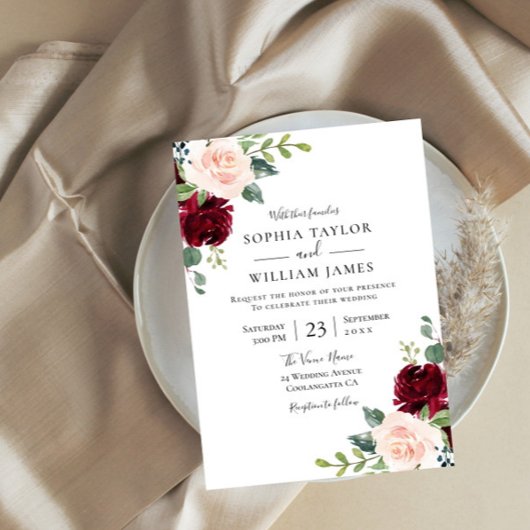 Invitation Mariage floral rouge rose et bordeaux