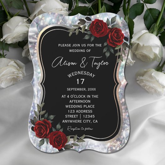 Invitation Mariage floral rouge rouge argent noir