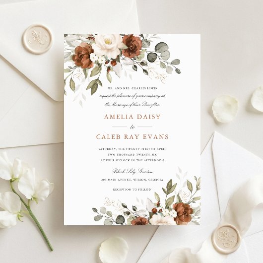 Invitation Mariage Floral Rouille Blanc Verdure