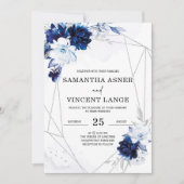 Invitation Mariage Floral Royal Bleu Blanc Argent (Devant)