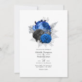Invitation Mariage Floral Royal Bleu, Noir et Argent (Devant)