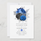 Invitation Mariage Floral Royal Bleu, Noir et Argent (Devant)