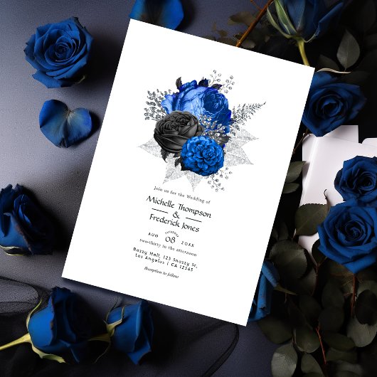Invitation Mariage Floral Royal Bleu, Noir et Argent