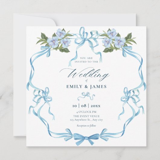 Invitation Mariage floral ruban bleu (Devant)