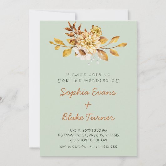 Invitation Mariage Floral Rustique Antique Vert Clair (Devant)