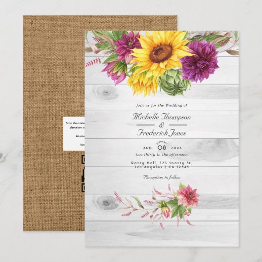 Invitation Mariage Floral Rustique au Code QR avec Soleil et (Devant / Derrière)