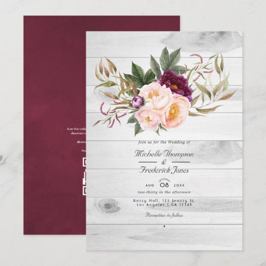 Invitation Mariage Floral Rustique avec Code QR Bourguignon e (Devant / Derrière)