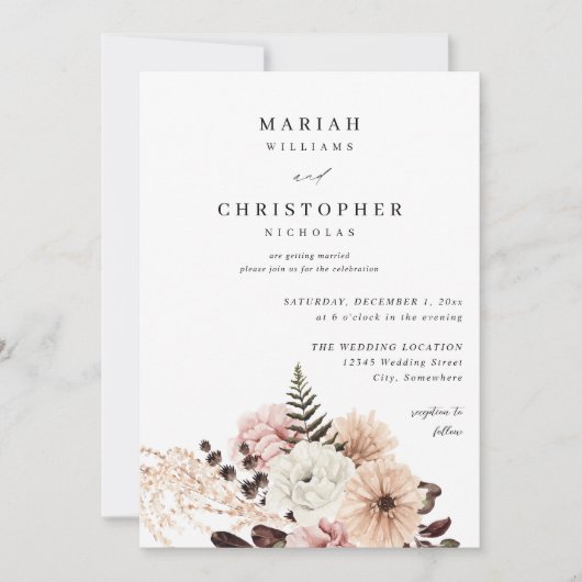 Invitation Mariage floral rustique beige et rose pâle (Devant)