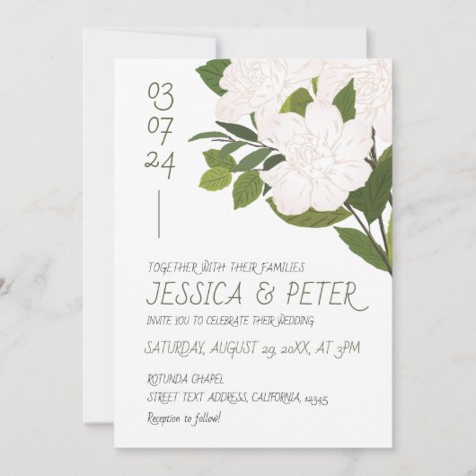 Invitation Mariage floral rustique blanc vert aquarelle (Devant)