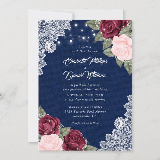 Invitation Mariage Floral Rustique Bleu Bourgogne (Devant)