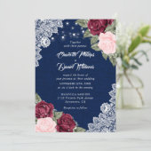 Invitation Mariage Floral Rustique Bleu Bourgogne (Debout devant)