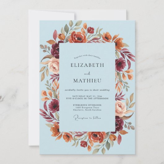 Invitation Mariage Floral Rustique Bleu Clair (Devant)