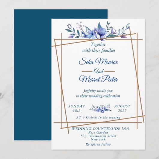 Invitation Mariage floral rustique bleu marine (Devant / Derrière)