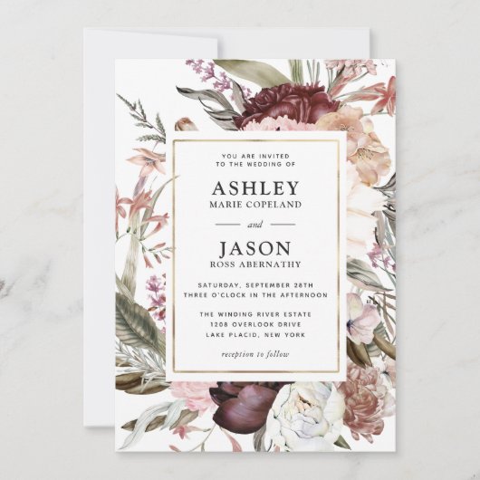 Invitation Mariage floral rustique Boho Bourgogne (Devant)
