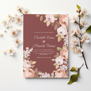 Invitation Mariage floral rustique boho rose burgundy vert