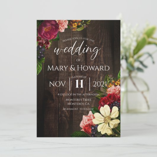 Invitation Mariage floral rustique - Bois foncé & Botanique (Debout devant)