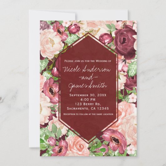 Invitation Mariage Floral Rustique Bourgeois Marsala (Devant)