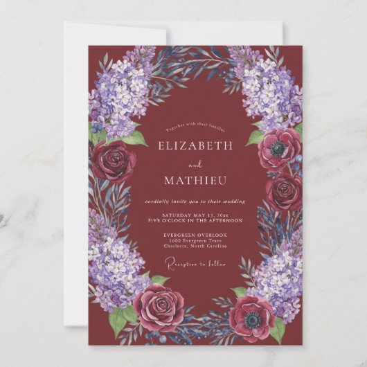 Invitation Mariage Floral Rustique Bourgogne (Devant)