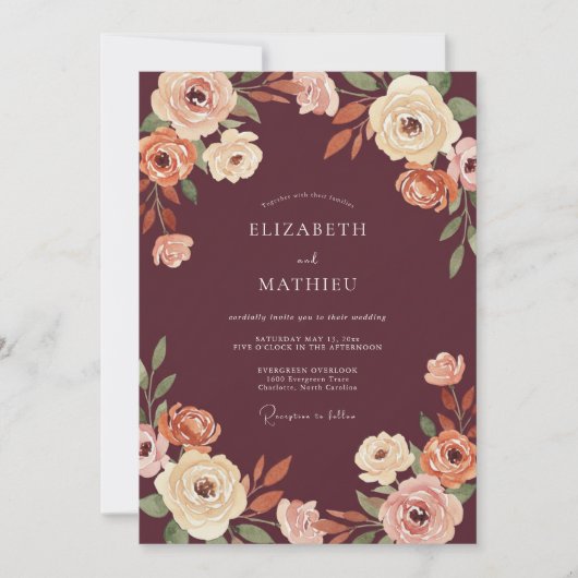 Invitation Mariage Floral Rustique Bourguignon (Devant)