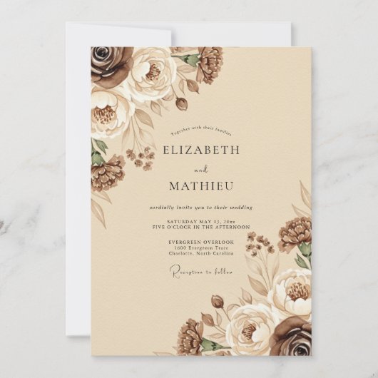Invitation Mariage Floral Rustique Brun (Devant)
