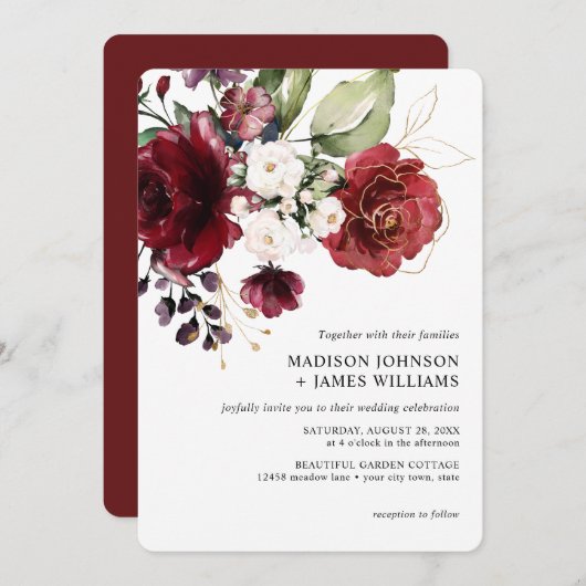 Invitation Mariage Floral Rustique Burgundy en or (Devant / Derrière)