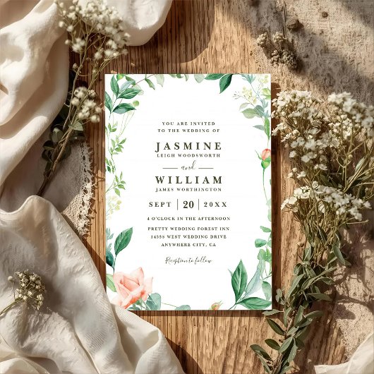 Invitation Mariage Floral Rustique Code QR Pêche et Verdure