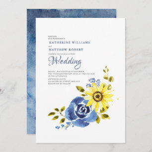 Invitation Mariage floral rustique de tournesol bleu marine