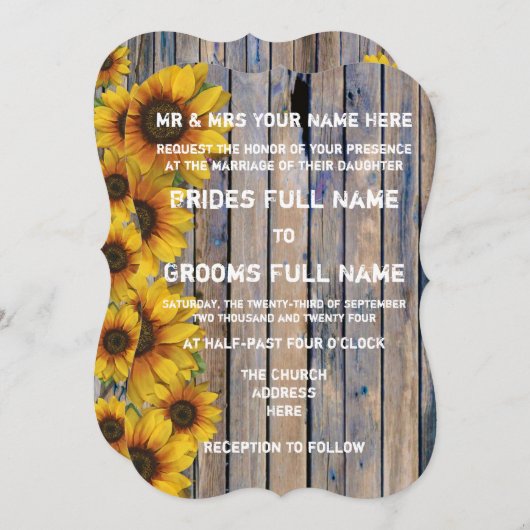 Invitation Mariage floral rustique de tournesol jaune (Devant / Derrière)