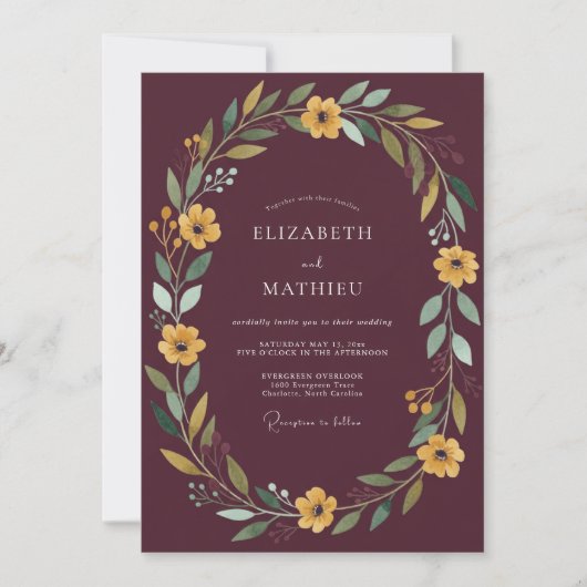 Invitation Mariage Floral Rustique Doré Bordeaux (Devant)